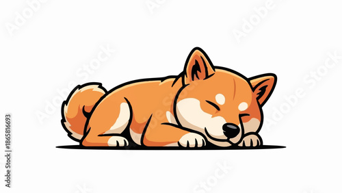 A cute cartoon illustration of a sleeping orange and white dog with its tail curled