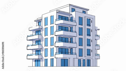 A sketch of a modern multi-story residential building with balconies and windows