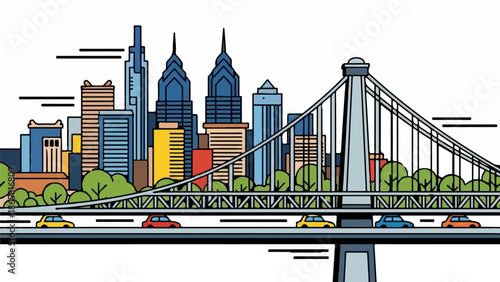 Stylized city skyline with a suspension bridge and cars on a highway below