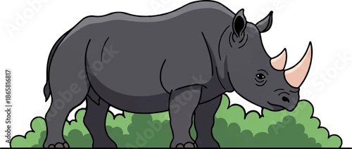 A black rhino with two horns stands in green bushes against a white background