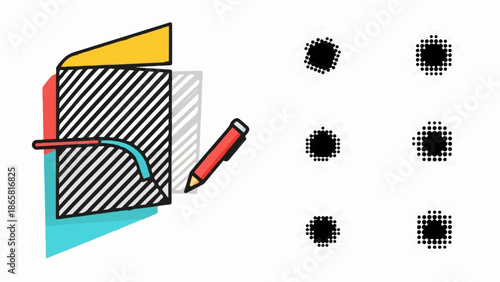 Abstract illustration of a hatched cube with a red pencil and six circular dot patterns