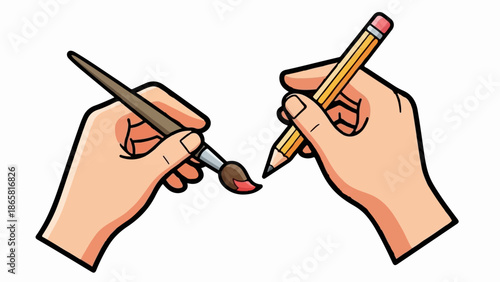 Two hands, one holding a paintbrush with red paint, the other a pencil