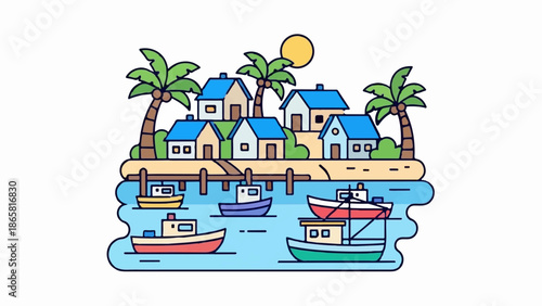 Coastal village with boats moored at a pier under a sunny sky