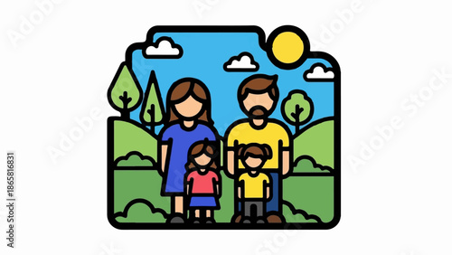 Cheerful family portrait in a stylized outdoor landscape