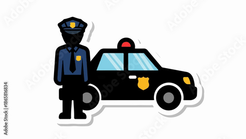 A cartoon officer in uniform stands beside a black police car with a siren