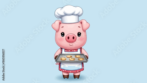 A cute cartoon pig wearing a chef's hat and apron holds a tray of freshly baked cookies