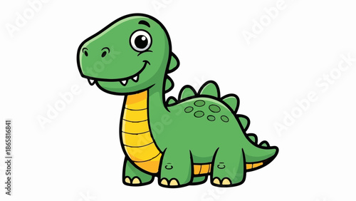 A smiling green cartoon dinosaur with yellow accents and a spiked back