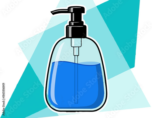 A clear plastic bottle with a black pump dispenses blue liquid, against a blue geometric background