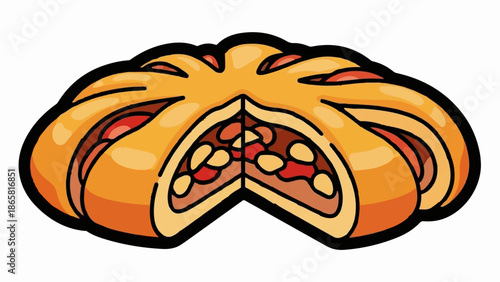 Cartoon pastry with a golden crust and fruit filling, sliced to reveal the center