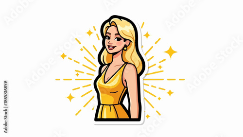 Illustrated blonde woman in a gold dress with sparkling yellow rays