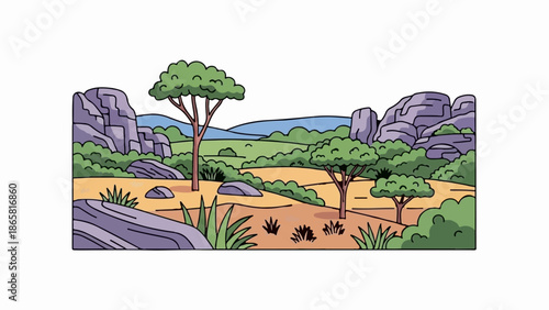 A stylized savanna landscape with rock formations, scattered trees, and rolling green hills