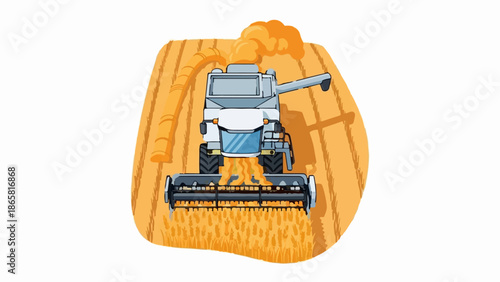Combine harvester working in a golden wheat field, collecting grain and expelling straw