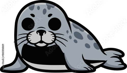 A cute, cartoon seal with large black eyes and grey spotted fur