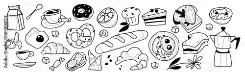 Vintage breakfast chalk doodles set on white background. Vector illustration of coffee cups and kettles, croissant, fried eggs on plate, jam toast, oatmeal bowl, fresh morning food, cafe menu icons