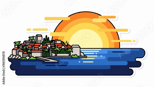 Stylized illustration of a coastal village nestled beside a sun setting over the ocean