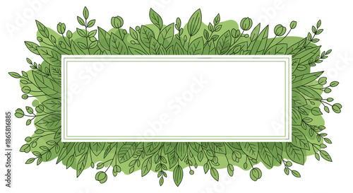Rectangular frame is nestled within a dense and lush border of hand drawn green leaves and buds on a white background.