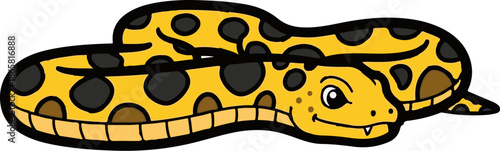 Cartoonish yellow snake with black spots and a friendly face