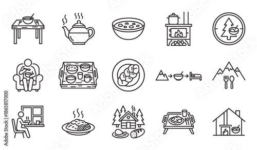 Set of black outline icons depicting a cozy cabin lifestyle with comfort food, including a warm fireplace, hot soup, a teapot, a rustic house, and relaxing meal scenes in a minimalist style