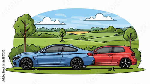 Two sporty cars, blue and red, parked in a vibrant, rolling green landscape under a blue sky