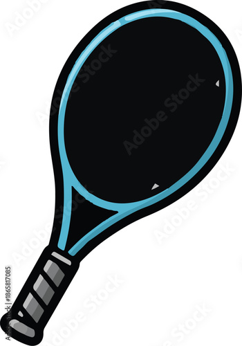 A black tennis racket with a light blue frame and gray grip