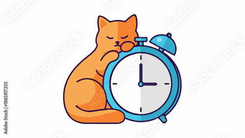 A cute orange cat sleeps soundly, hugging a blue alarm clock