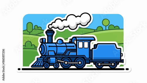 A cartoon blue steam engine train travels through a green, rolling landscape under a bright blue sky with fluffy white clouds