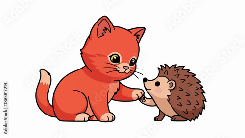 A cute orange kitten and a small hedgehog giving each other a high five
