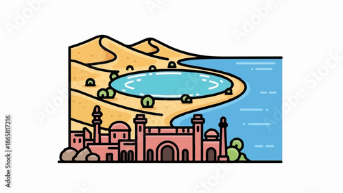 Stylized desert oasis with a lagoon, sand dunes, and ancient pink architecture
