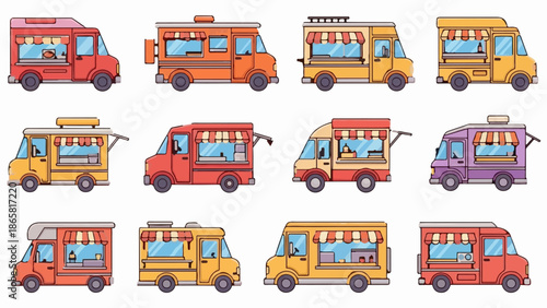 A colorful collection of pixel art food trucks with awnings and open service windows