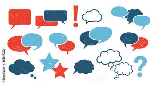 Collection of textured speech bubbles, stars, and punctuation marks in red, blue, and white colors for messages.