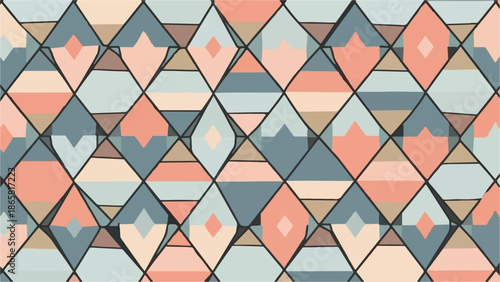 A geometric pattern of diamond shapes in muted coral, blue, and tan hues