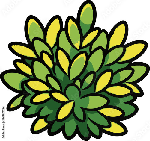 A stylized, cartoonish depiction of a dense green bush with yellow highlights