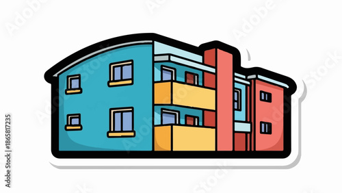 A brightly colored, cartoon-style building with multiple stories and balconies