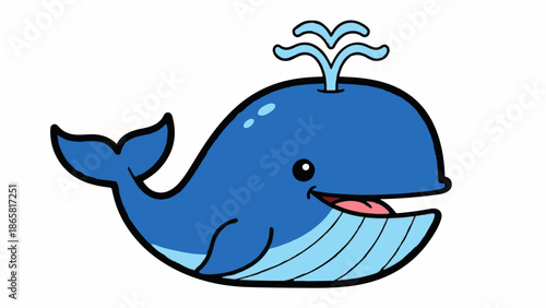 A cheerful blue whale with a water spout, smiling widely