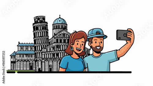 Smiling couple taking a selfie in front of an iconic leaning tower and cathedral