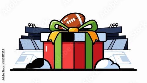 Festive sports stadium gift box with a football on top and stylized clouds below