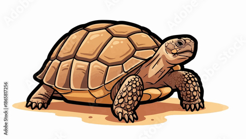 A cartoon tortoise with a patterned shell walks on sandy ground