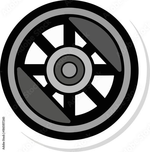 Stylized grayscale wheel with spokes and multiple concentric rings