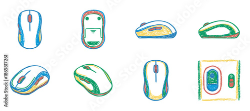 Set of eight colorful computer mouse illustrations in a playful, hand-drawn sketch style with a textured, crayon-like effect showing the device from different perspectives