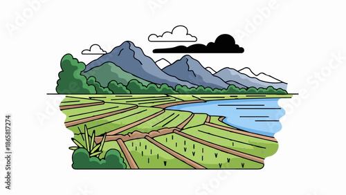 Lush green terraced fields and river reflect majestic mountains under a cloudy sky