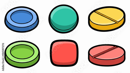 A collection of colorful, stylized pill shapes in various forms and hues
