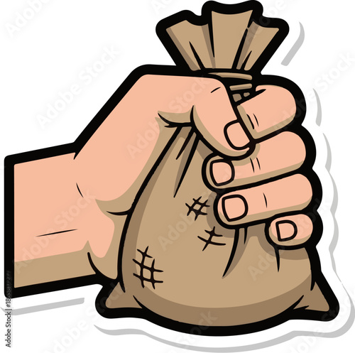 A hand clutches a burlap bag, suggesting wealth, fortune, or treasure