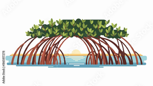 Stylized mangrove roots emerge from shallow water, framing a serene sunset