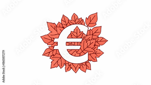 A white euro symbol is partially encircled by coral-colored, hand-drawn leaves