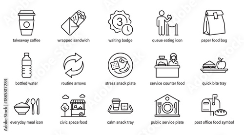 Set of black line art icons representing daily routines, takeaway food, and public services, featuring minimalist pictograms for coffee, meals, waiting, and convenience