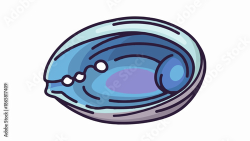 A cartoonish illustration of a blue, iridescent shell with dark outlines and white openings