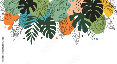Modern tropical background features a mix of monstera and palm leaves in black outlines and vibrant solid colors.