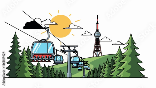 Ski lift transports people up a sunny mountain with pines and a tower