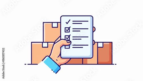 Hand holding a checklist with completed items, with stacked boxes behind