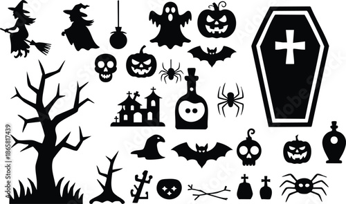 Assorted Halloween Icon and Silhouette Collection, Spooky Seasonal Graphics with Witches, Ghosts, and Pumpkins, Black and White Vector Set of Horror Elements, silhouette, illustration, vector.